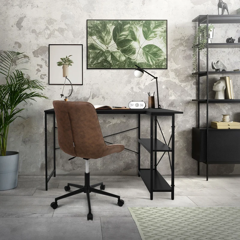 B-Ware Schreibtisch L-Form beidseitig montierbar 120x89x75 cm Schwarz mit Regal ML-Design