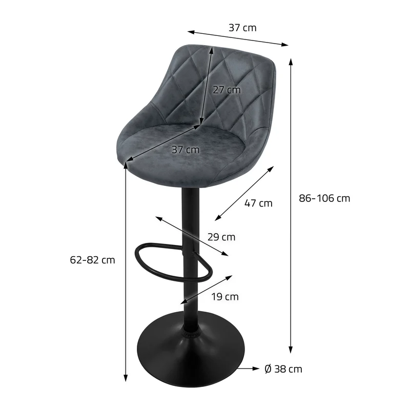 Barhocker 2er Set Anthrazit Kunstlederbezug mit Rückenlehne und Fußstütze höhenverstellbar 62-82 cm ML-Design