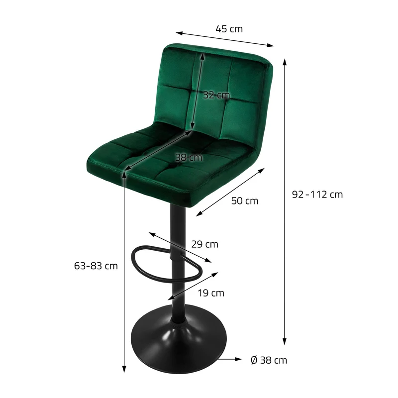 Barhocker 2er Set Grün Samtbezug mit Rückenlehne und Fußstütze höhenverstellbar 63-83cm ML-Design