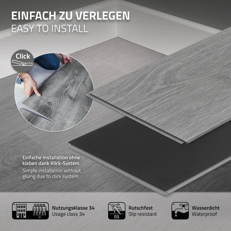 PVC Vinylboden Bodenbelag Set 7 Dielen 4,2mm für 1,54m² mit Klick-System Eiche Windswell Hickory ML-Design
