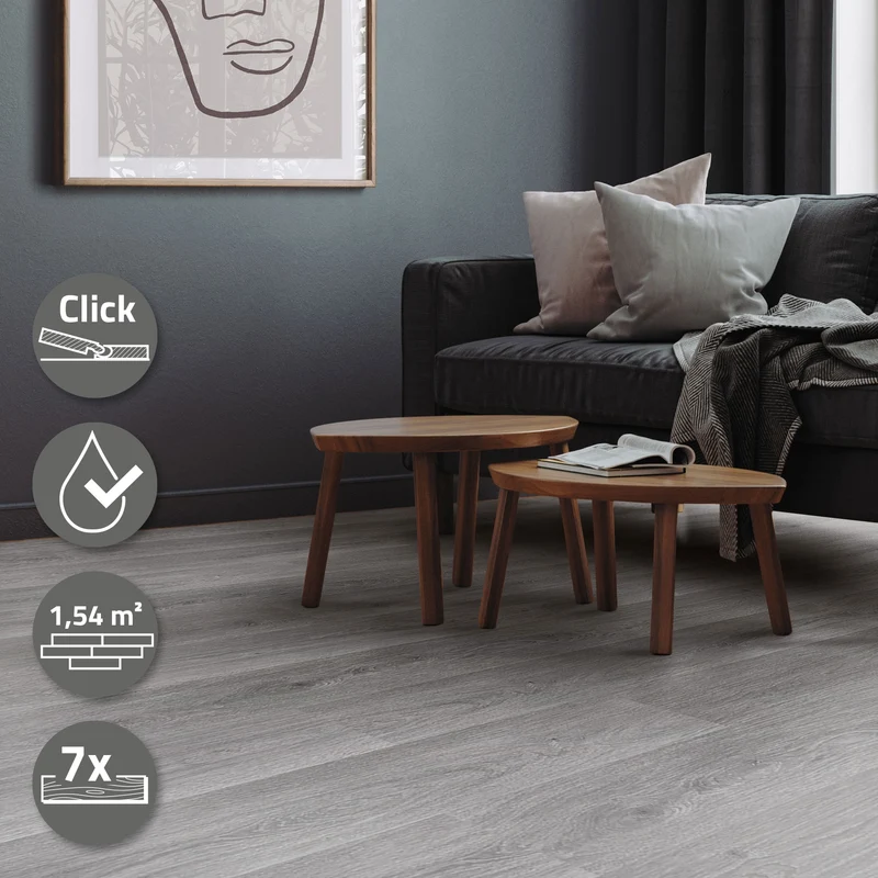 PVC Vinylboden Bodenbelag Set 7 Dielen 4,2mm für 1,54m² mit Klick-System Eiche Windswell Hickory ML-Design