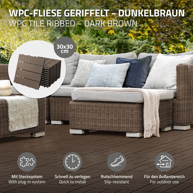 Terrassenfliesen 30x30 cm 11er Set für 1m² Dunkelbraun aus WPC