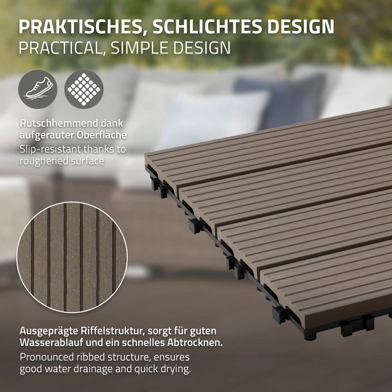 Terrassenfliesen 30x30 cm 11er Set für 1m² Dunkelbraun aus WPC