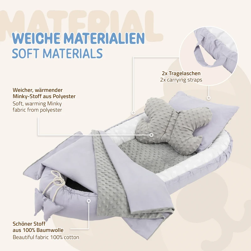 Babynest Set 5 Tlg. 90x50 cm Elefantmuster aus Baumwolle Joyz