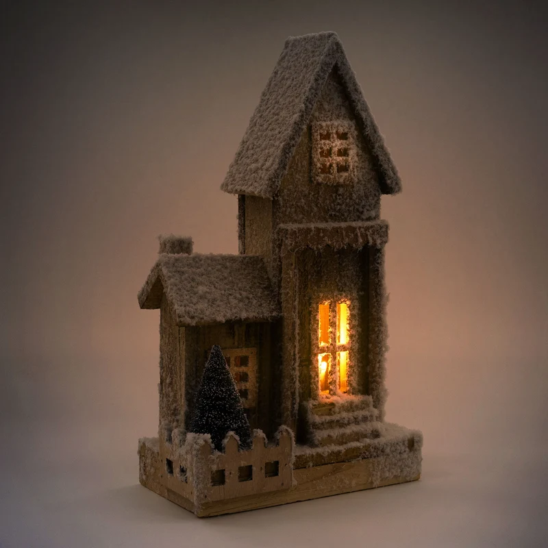 Deko Weihnachtshaus schneebedeckt mit LED Beleuchtung 38 x 21 cm aus Holz