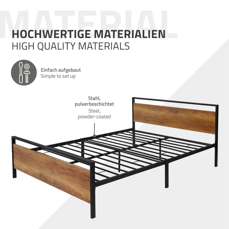 Metallbett 140x200 cm inkl. Matratze H:16cm Schwarz/Braun Bettgestell 208 x 50,5/80,5 x 144 cm mit Holz Kopf- & Fußteil ML-Design
