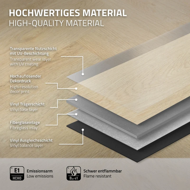 PVC Vinylboden Bodenbelag 5er Set à 20 Dielen 4,2mm für 1,56m² mit Klick-System Fischgräte Eiche natur ML-Design