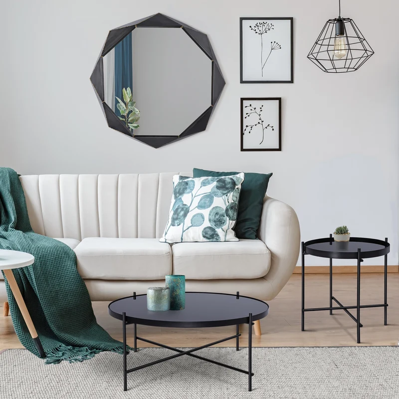 B-Ware Wandspiegel mit Metallrahmen Ø 72 cm Schwarz aus Glas WOMO-Design