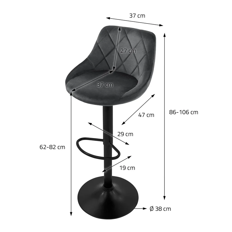 Barhocker 2er Set Grau Samtbezug mit Rückenlehne und Fußstütze höhenverstellbar 62-82cm ML-Design