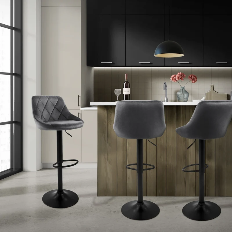 Barhocker 2er Set Grau Samtbezug mit Rückenlehne und Fußstütze höhenverstellbar 62-82cm ML-Design