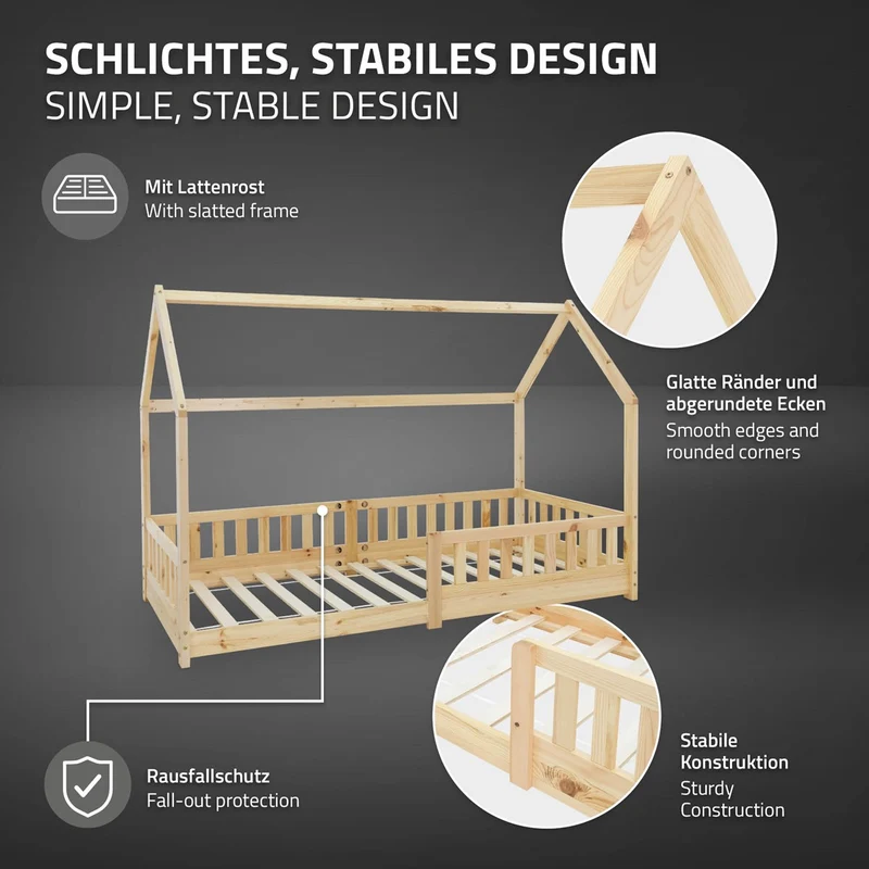 Kinderbett Hausbett 90x200 cm aus Kiefernholz mit Rausfallschutz Dach und Lattenrost Holzbett ML-Design