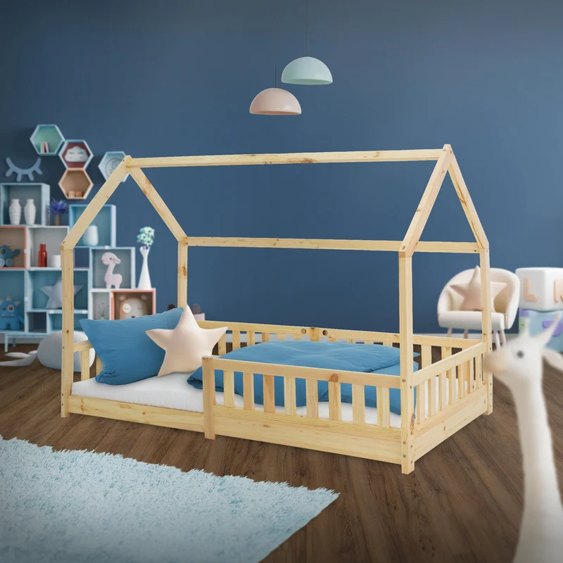 Kinderbett Hausbett 90x200 cm aus Kiefernholz mit Rausfallschutz Dach und Lattenrost Holzbett ML-Design