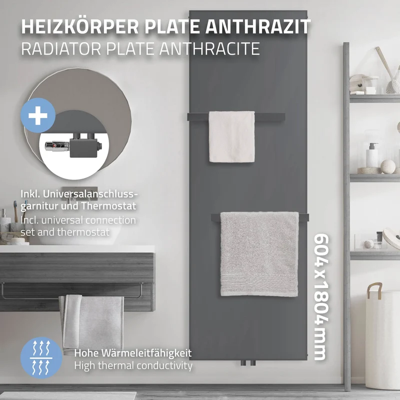 Badheizkörper 1800x604 mm Anthrazit mit Universale Anschlussgarnitur inkl. 2x Handuchhalter ML-Design