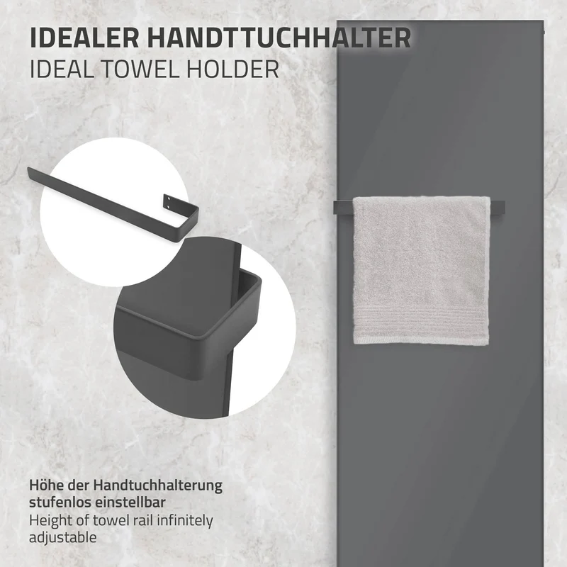 Badheizkörper 1800x604 mm Anthrazit mit Universale Anschlussgarnitur inkl. 2x Handuchhalter ML-Design