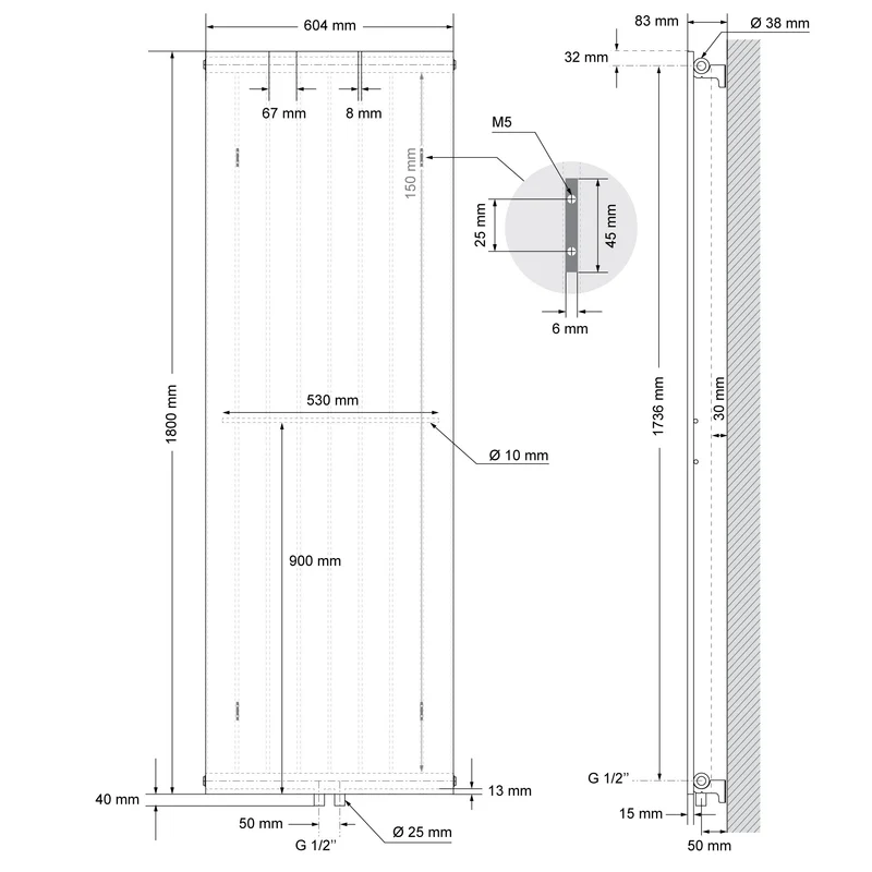 Badheizkörper 1800x604 mm Anthrazit mit Universale Anschlussgarnitur inkl. 2x Handuchhalter ML-Design