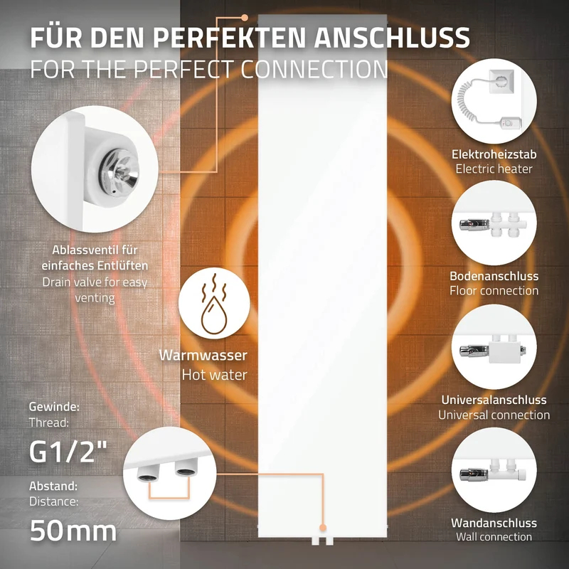 Badheizkörper 1800x452 mm Weiß mit Universale Anschlussgarnitur ML-Design