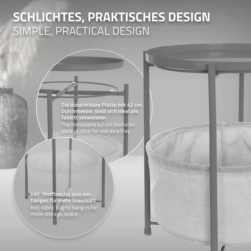 Beistelltisch Rund 45,5x52,5 cm Grau aus Metall inkl. Stoffkorb und Tablett ML-Design
