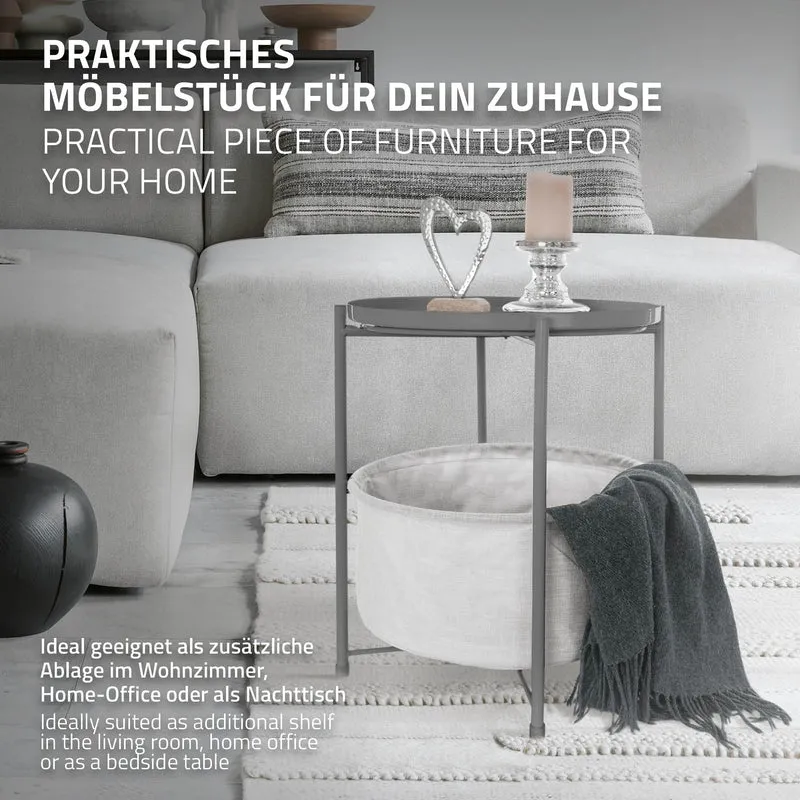 Beistelltisch Rund 45,5x52,5 cm Grau aus Metall inkl. Stoffkorb und Tablett ML-Design