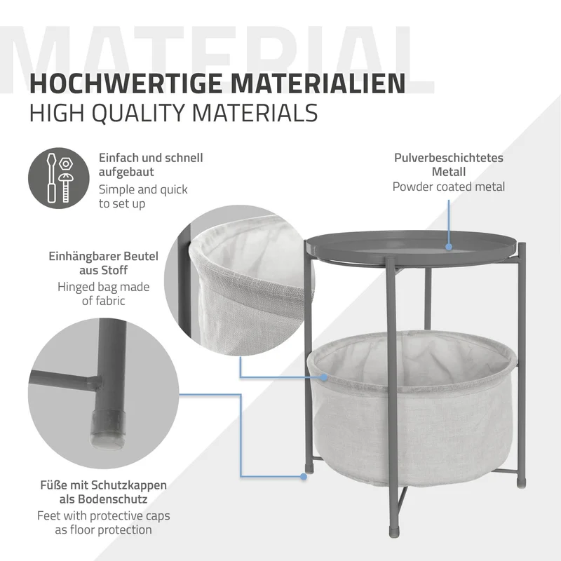 Beistelltisch Rund 45,5x52,5 cm Grau aus Metall inkl. Stoffkorb und Tablett ML-Design