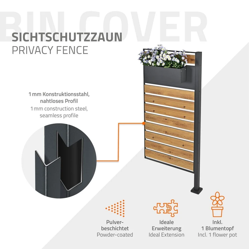 Mülltonnenzaun 150 cm lang Anthrazit/Holzoptik aus Stahl inkl. Blumenkasten