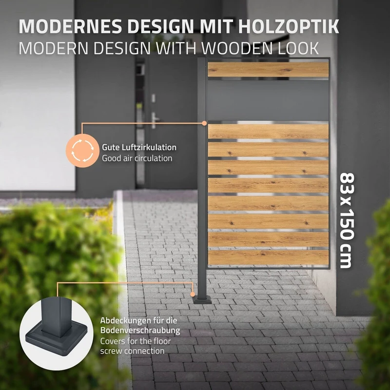 Mülltonnenzaun 150 cm lang Anthrazit/Holzoptik aus Stahl inkl. Blumenkasten