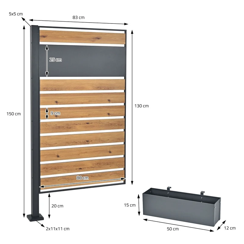 Mülltonnenzaun 150 cm lang Anthrazit/Holzoptik aus Stahl inkl. Blumenkasten
