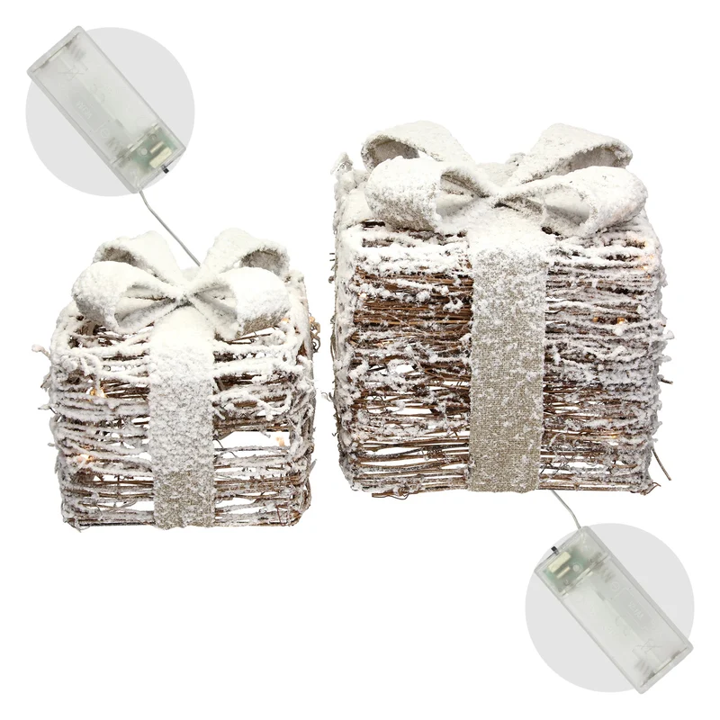 LED Geschenkboxen 2er Set Braun aus Rattan