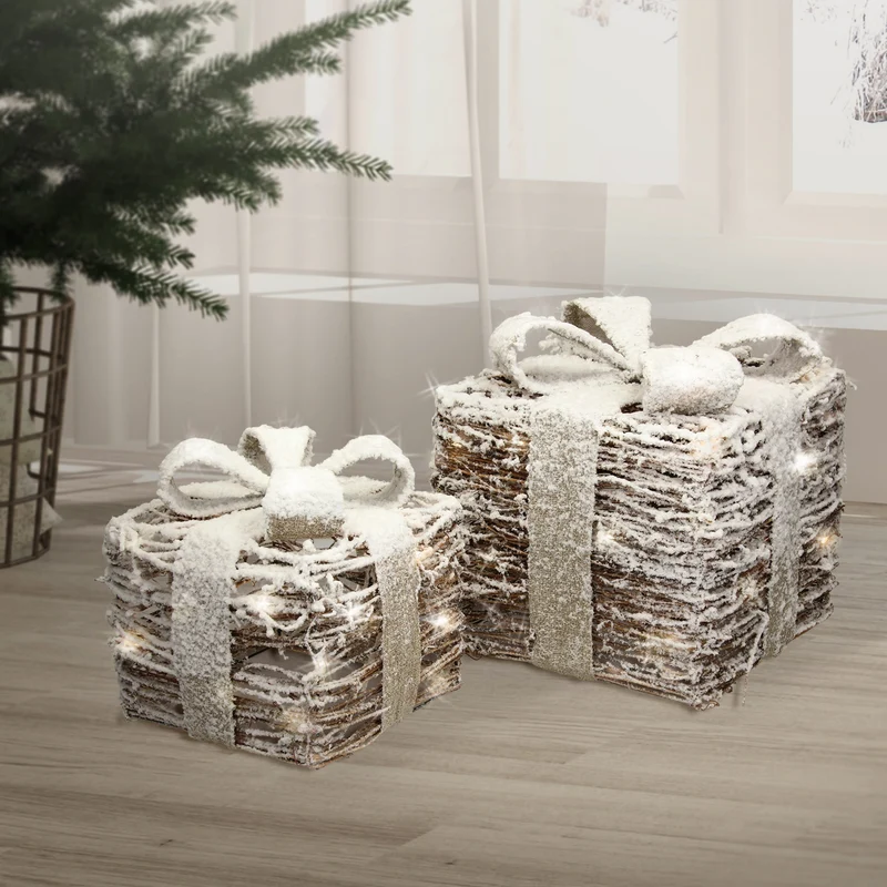 LED Geschenkboxen 2er Set Braun aus Rattan