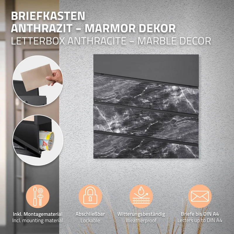 Briefkasten 37x37x11 cm Anthrazit/Schwarz-Marmoroptik aus Stahl ML-Design
