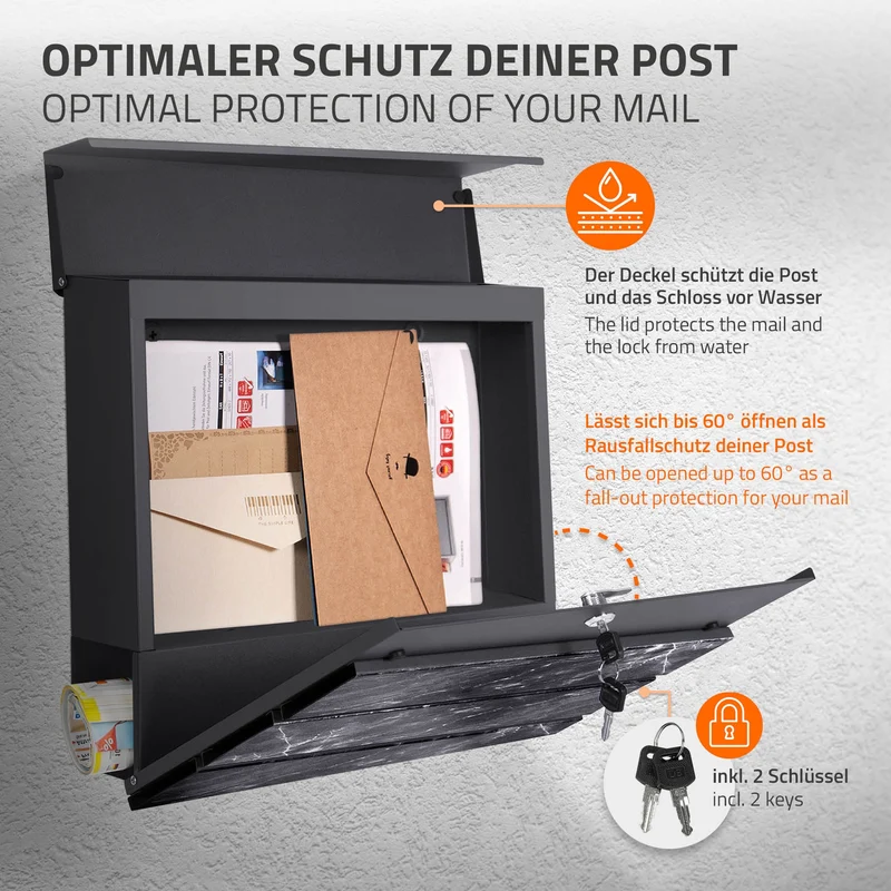 Briefkasten 37x37x11 cm Anthrazit/Schwarz-Marmoroptik aus Stahl ML-Design