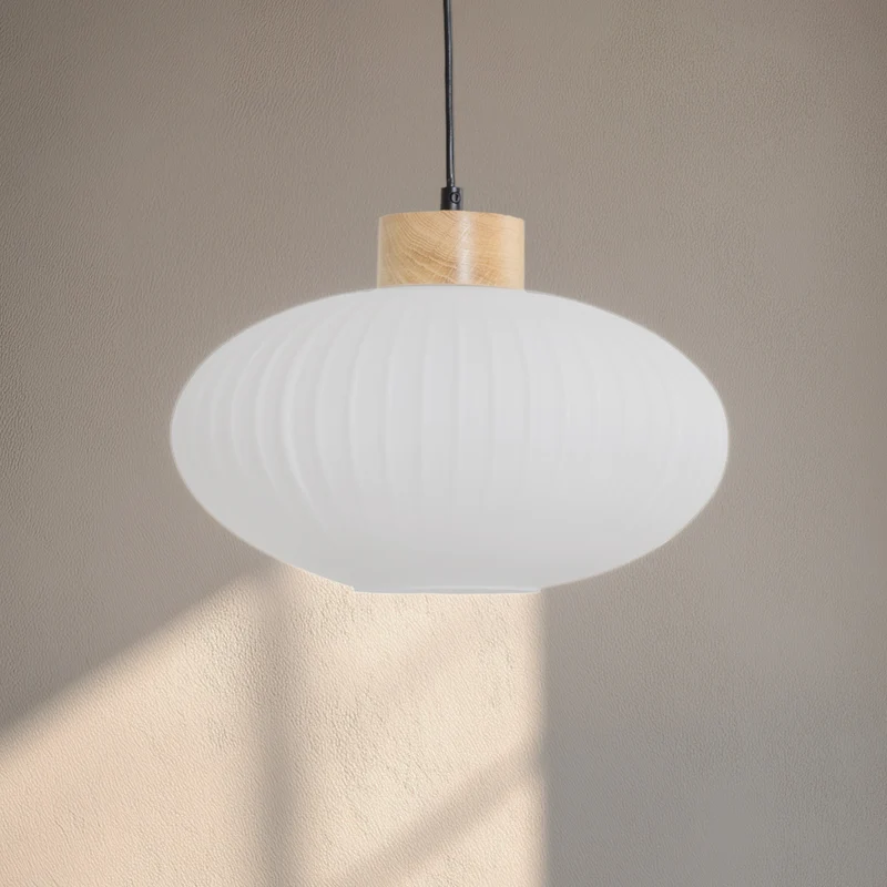 B-Ware Hängeleuchte Pendelleuchte Harmony Glas Holz Weiß Eiche Wohnzimmer 25 cm