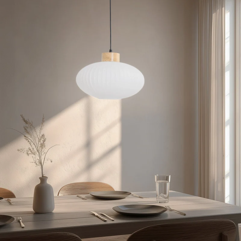 B-Ware Hängeleuchte Pendelleuchte Harmony Glas Holz Weiß Eiche Wohnzimmer 25 cm