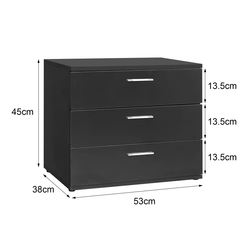 Nachttisch mit drei Schubladen 53x45x38 cm Schwarz aus Holz ML-Design