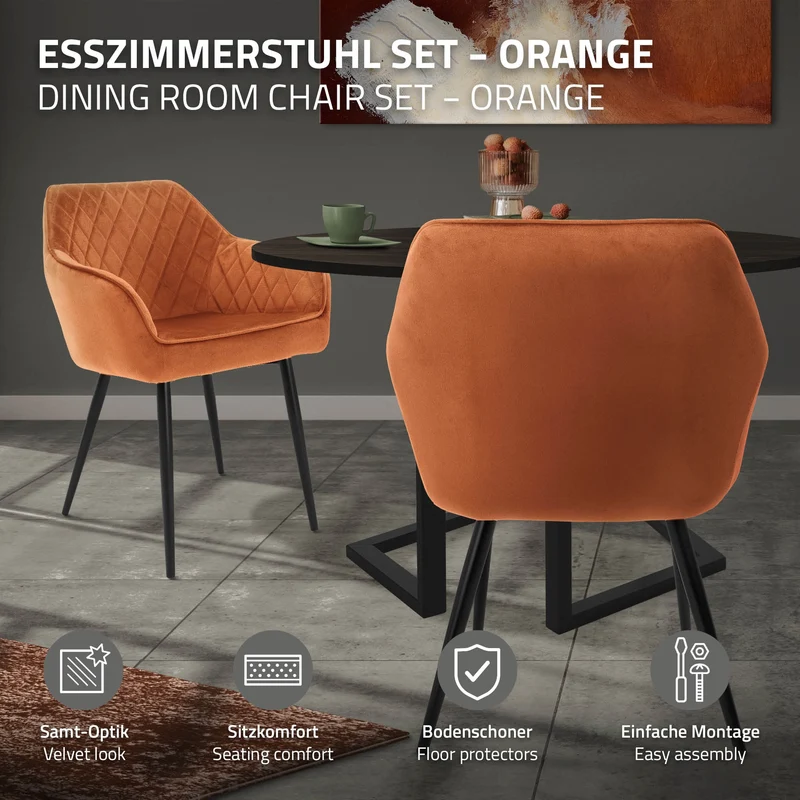 Esszimmerstühle mit Rücken- & Armlehne 2er Set Orange Samtbezug mit Metallbeinen ML-Design