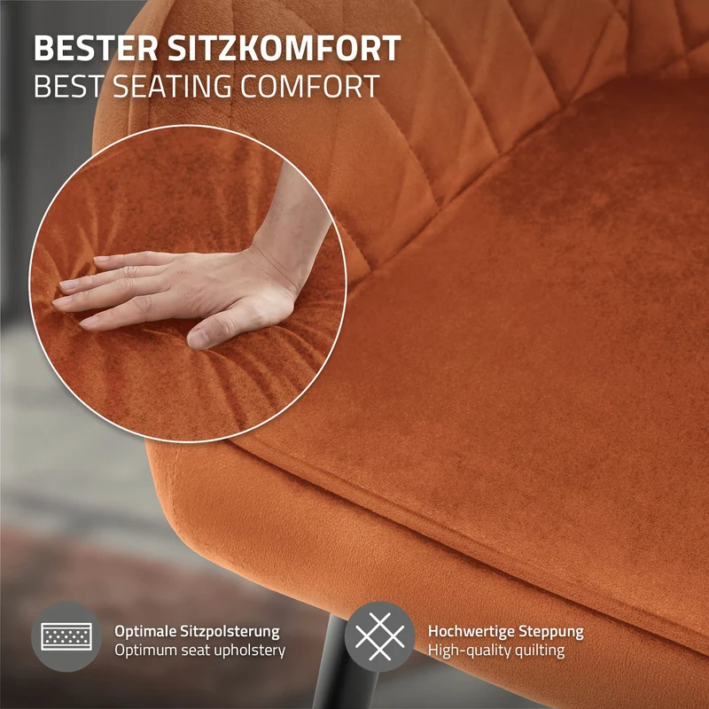 Esszimmerstühle mit Rücken- & Armlehne 2er Set Orange Samtbezug mit Metallbeinen ML-Design