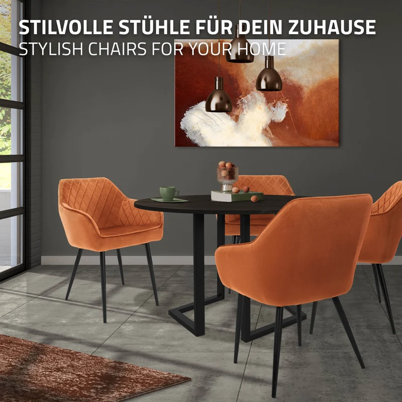 Esszimmerstühle mit Rücken- & Armlehne 2er Set Orange Samtbezug mit Metallbeinen ML-Design