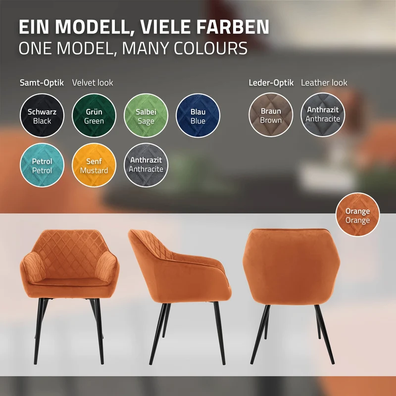 Esszimmerstühle mit Rücken- & Armlehne 2er Set Orange Samtbezug mit Metallbeinen ML-Design