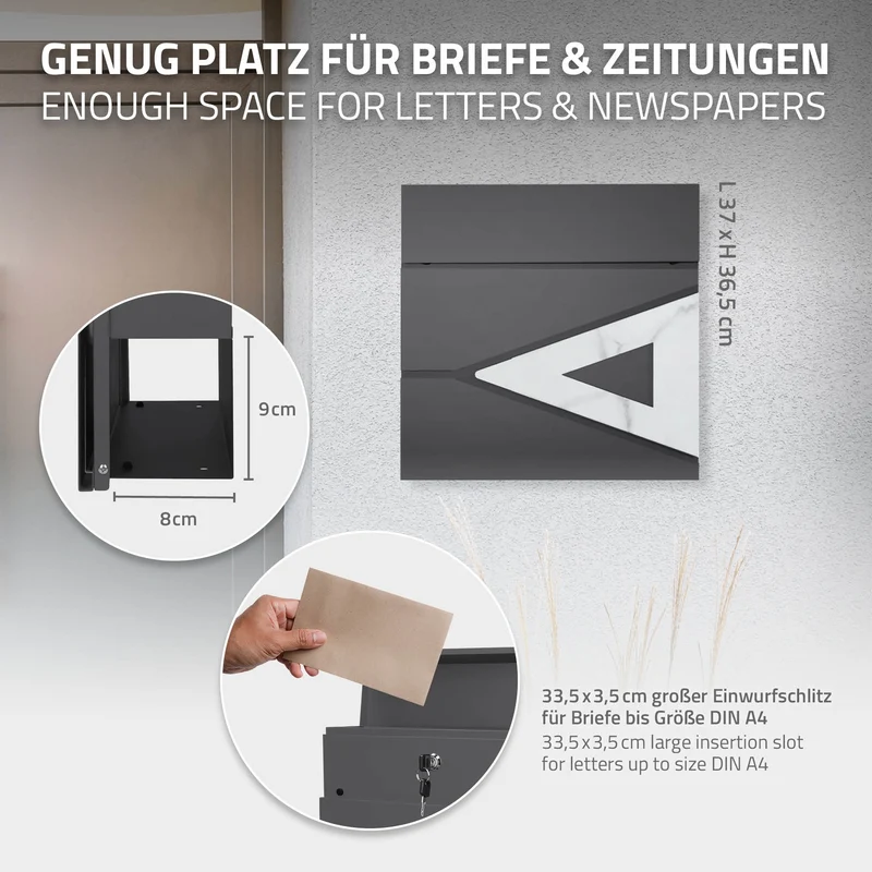Briefkasten mit Zeitungsfach 37x36,5x11 cm Anthrazit/Weiß-Marmoroptik aus Stahl ML-Design, Modernes Dreieckiges Design