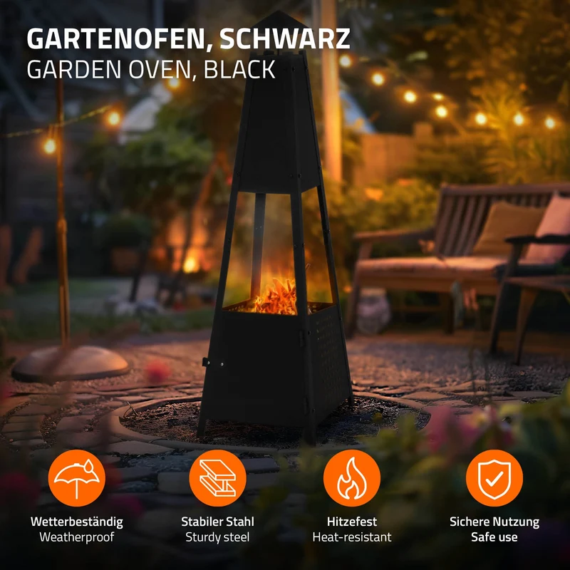 Pyramiden Gartenkamin mit Schornstein 29x100x30 cm Schwarz aus Eisen ML-Design