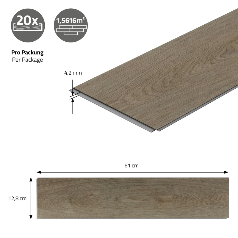PVC Vinylboden Bodenbelag Set à 20 Dielen 4,2mm für 1,56m² mit Klick-System Fischgräte Eiche dunkel ML-Design
