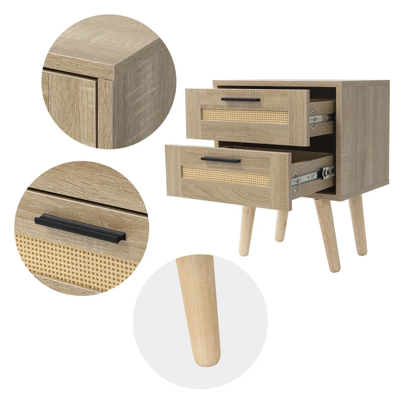 Nachttisch 2er Set 40x50,5x30 cm Eiche-Optik Beistelltisch mit 2 Schubladen und Rattanfront & Massivholzfüßen ML-Design