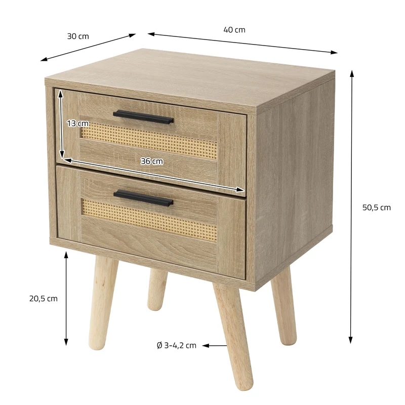 Nachttisch 2er Set 40x50,5x30 cm Eiche-Optik Beistelltisch mit 2 Schubladen und Rattanfront & Massivholzfüßen ML-Design