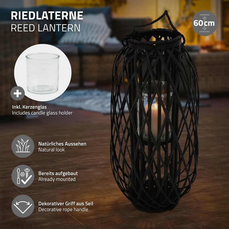 Riedlaterne mit Henkel aus Rattan 60 x Ø 27 cm Schwarz