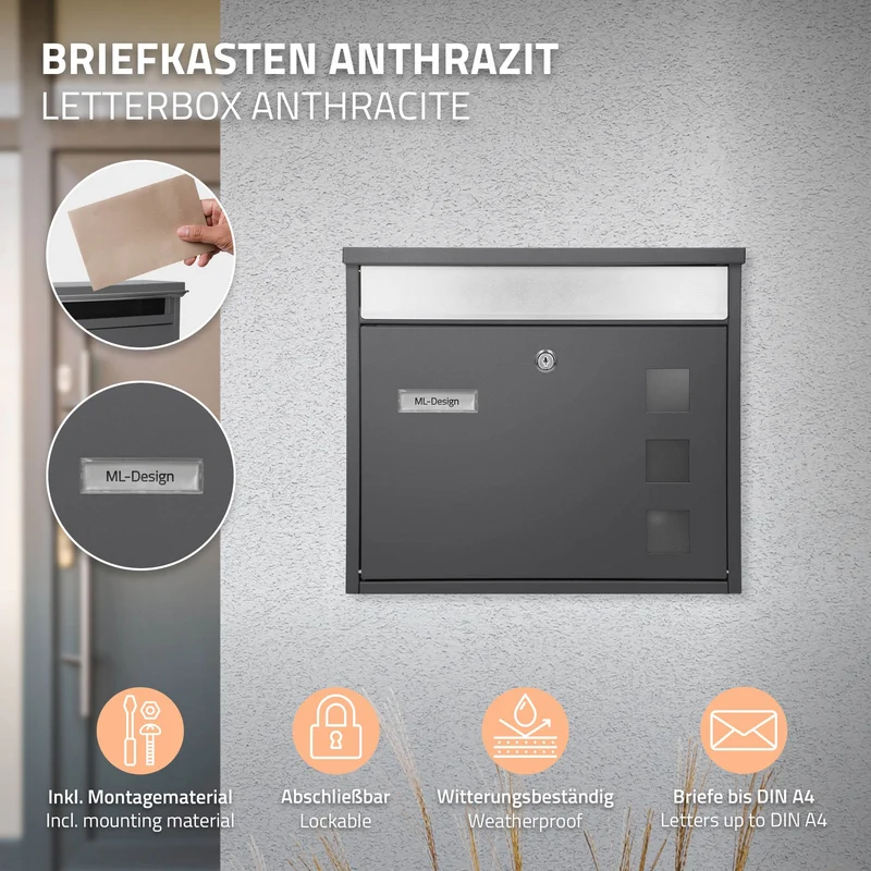 Standbriefkasten 36x31,5x11,5 cm Anthrazit aus Edelstahl ML-Design