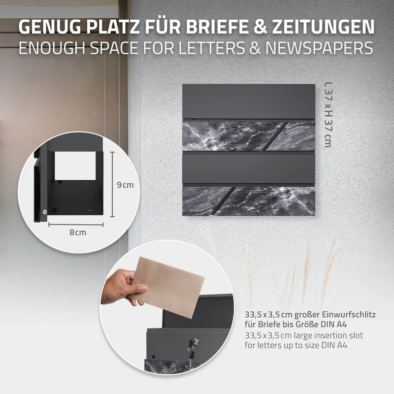 Standbriefkasten mit Zeitungsfach 37x37x11 cm Anthrazit/Schwarz-Marmoroptik aus Stahl ML-Design, Modernes Horizontales Design, Standhöhe 170 cm Anthrazit