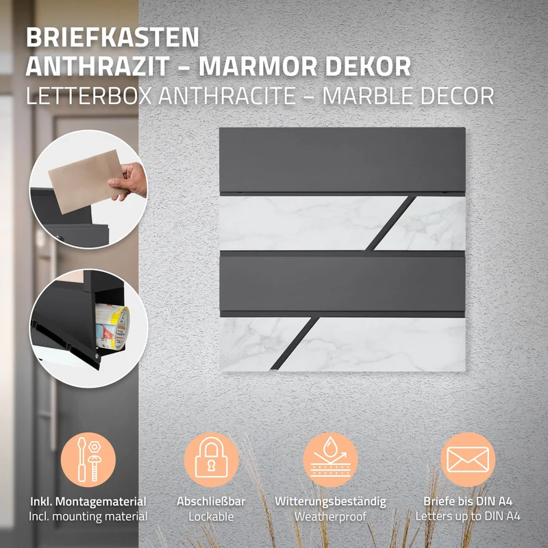 Standbriefkasten mit Zeitungsfach 37x37x11 cm Anthrazit/Weiß-Marmoroptik aus Stahl ML-Design, Modernes Horizontales Design, Standhöhe 170 cm Anthrazit