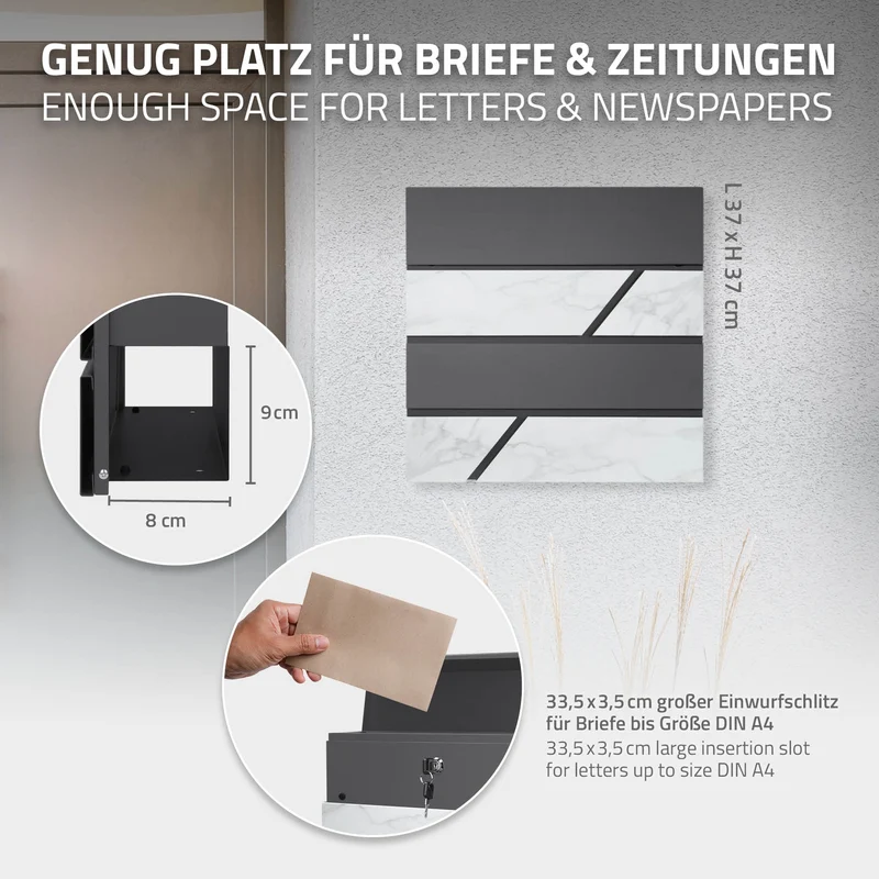 Standbriefkasten mit Zeitungsfach 37x37x11 cm Anthrazit/Weiß-Marmoroptik aus Stahl ML-Design, Modernes Horizontales Design, Standhöhe 170 cm Anthrazit