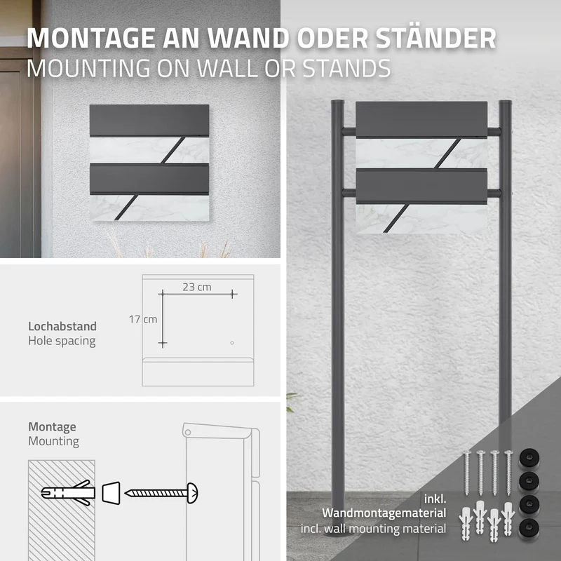 Standbriefkasten mit Zeitungsfach 37x37x11 cm Anthrazit/Weiß-Marmoroptik aus Stahl ML-Design, Modernes Horizontales Design, Standhöhe 170 cm Anthrazit