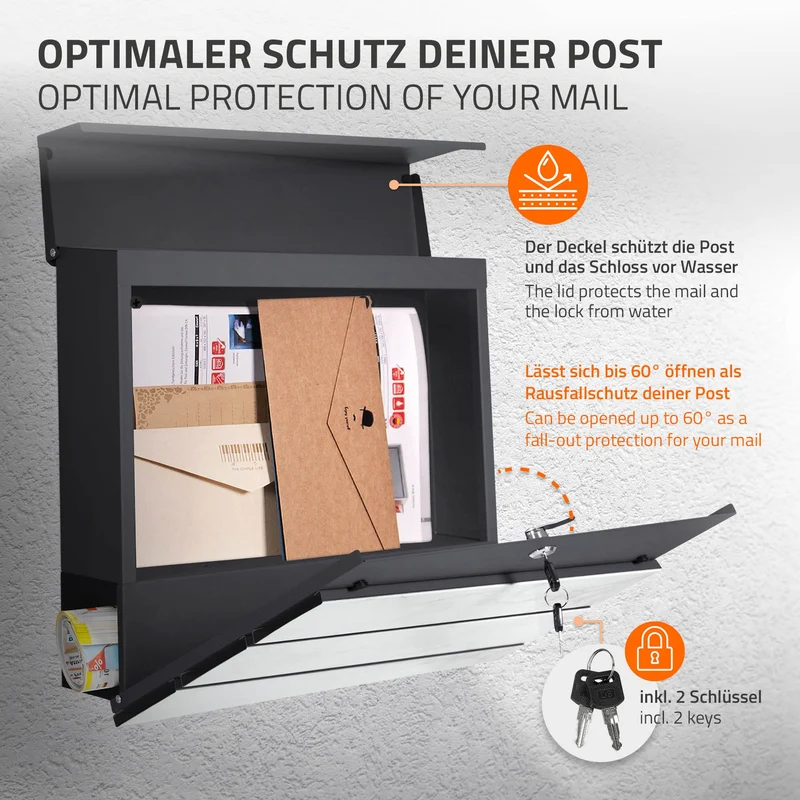 Standbriefkasten mit Zeitungsfach 37x37x11 cm Anthrazit/Weiß-Marmoroptik aus Stahl ML-Design, Modernes Diagonales Design, Standhöhe 120/170 cm Anthrazit