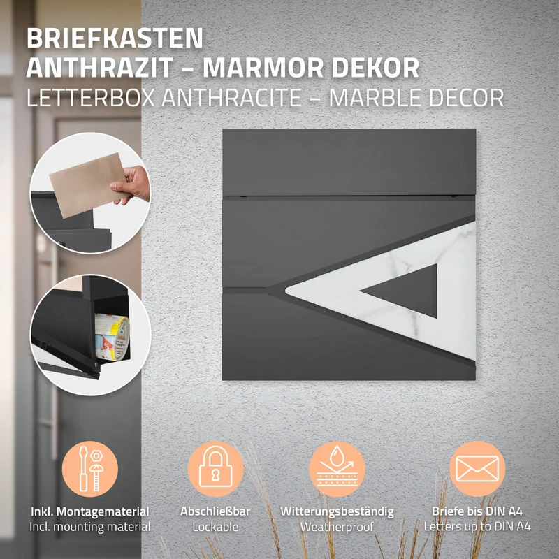 Standbriefkasten mit Zeitungsfach 37x36,5x11 cm Anthrazit/Weiß-Marmoroptik aus Stahl ML-Design, Modernes Dreieckiges Design, Standhöhe 120/170 cm Anthrazit